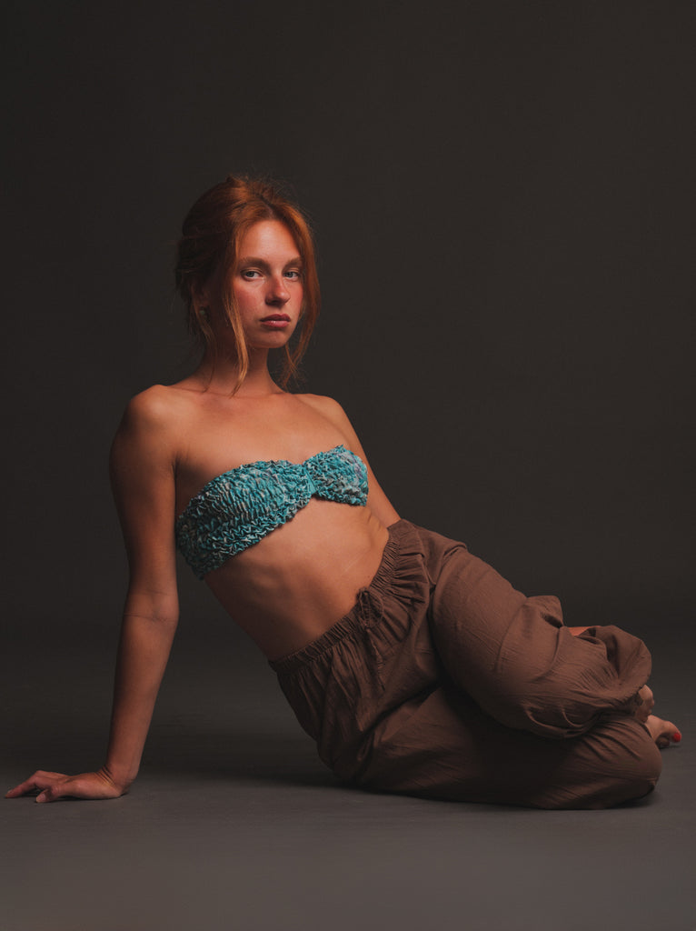 Almyra Pants — Brown linen pants on model with blue top — MYFASHIONFRUIT
