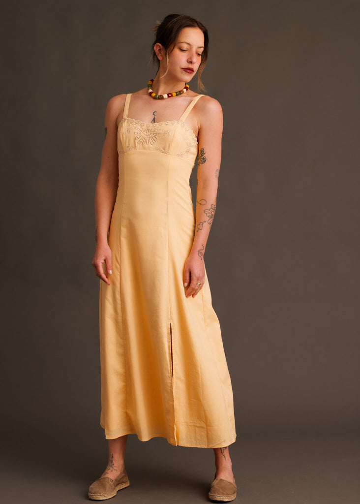 Adriana Dress — Light yellow dress with lace, on model — MYFASHIONFRUIT
