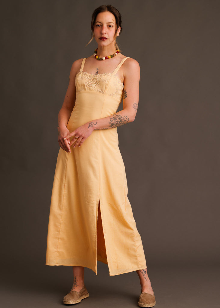 Adriana Dress — Yellow midi dress with lace, on model — MYFASHIONFRUIT