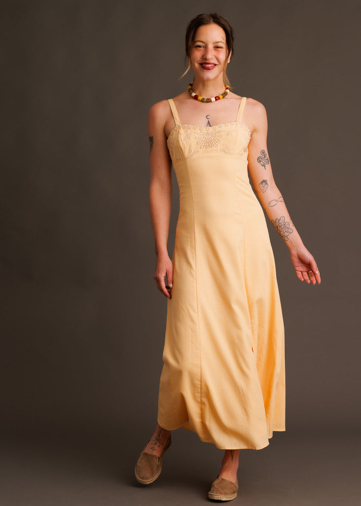 Adriana Dress — Yellow linen dress on model — MYFASHIONFRUIT