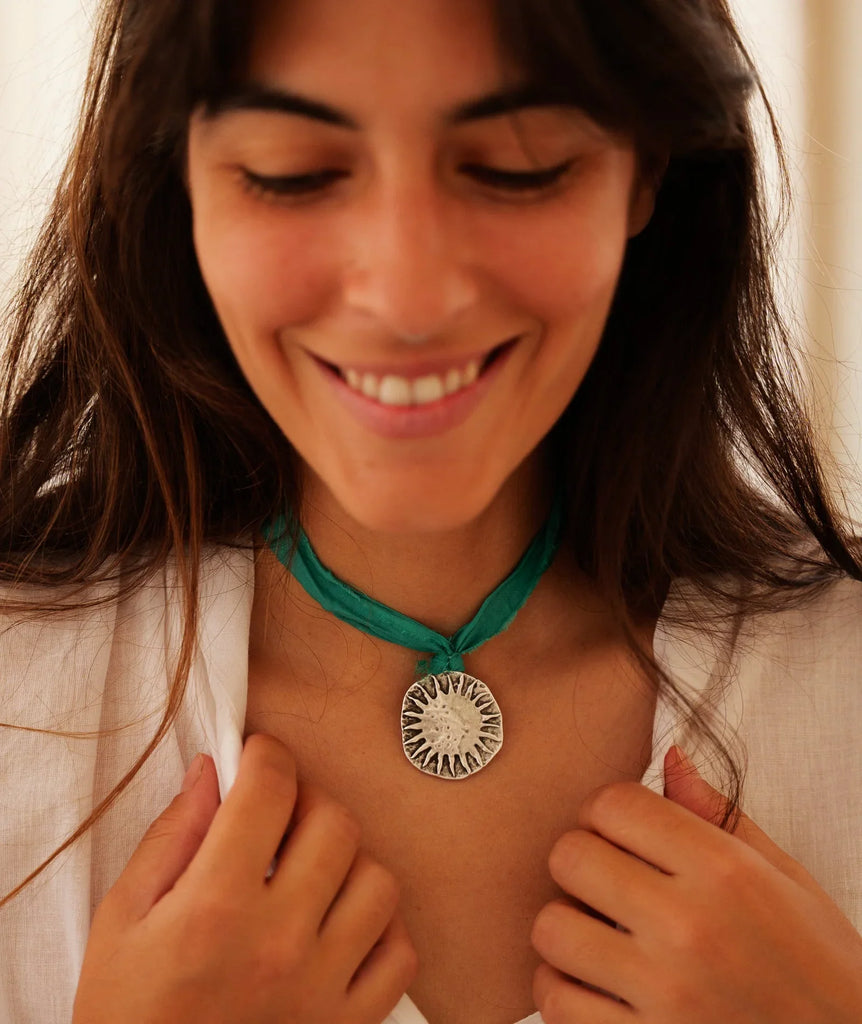 Cyra Pendant — pendant on green ribbon, on model — MYFASHIONFRUIT