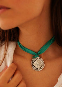 Cyra Pendant — Green ribbon & silver pendant on model — MYFASHIONFRUIT