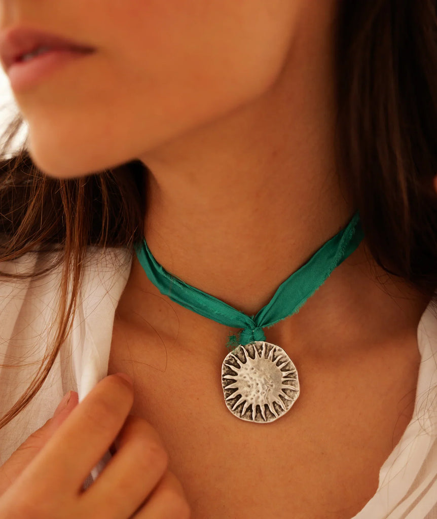 Cyra Pendant — Green ribbon & silver pendant on model — MYFASHIONFRUIT