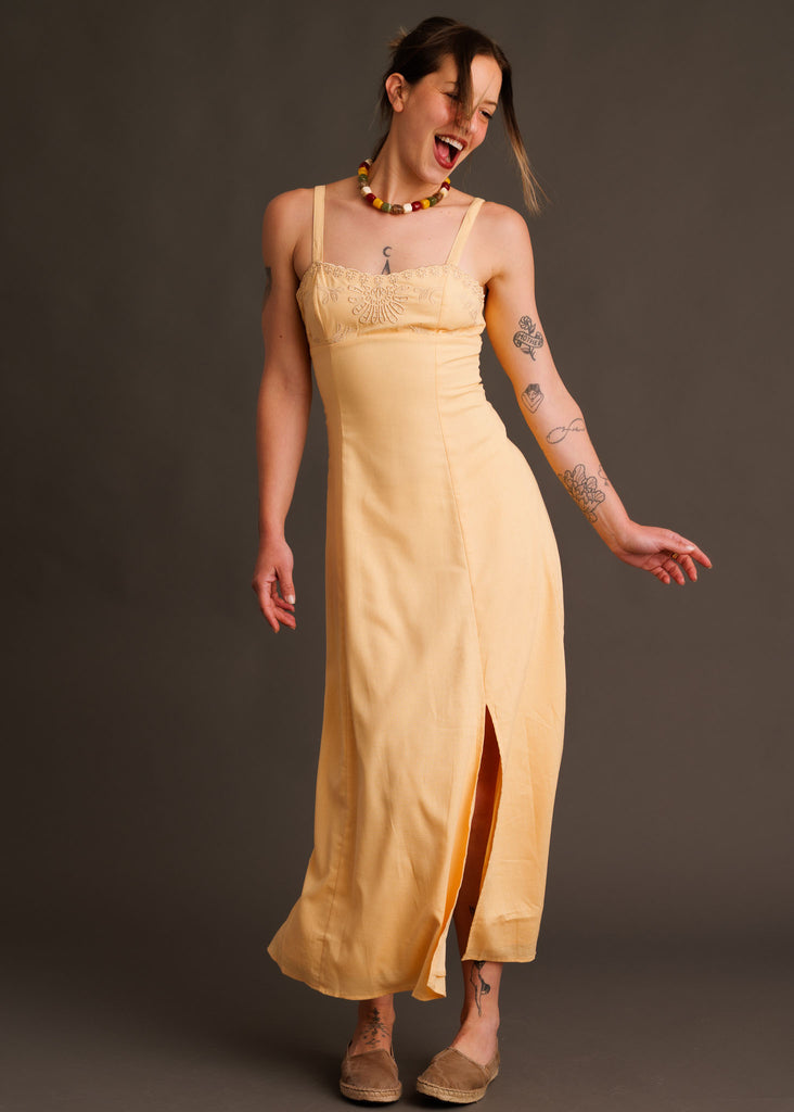 Adriana Dress — Light yellow dress with lace on model — MYFASHIONFRUIT