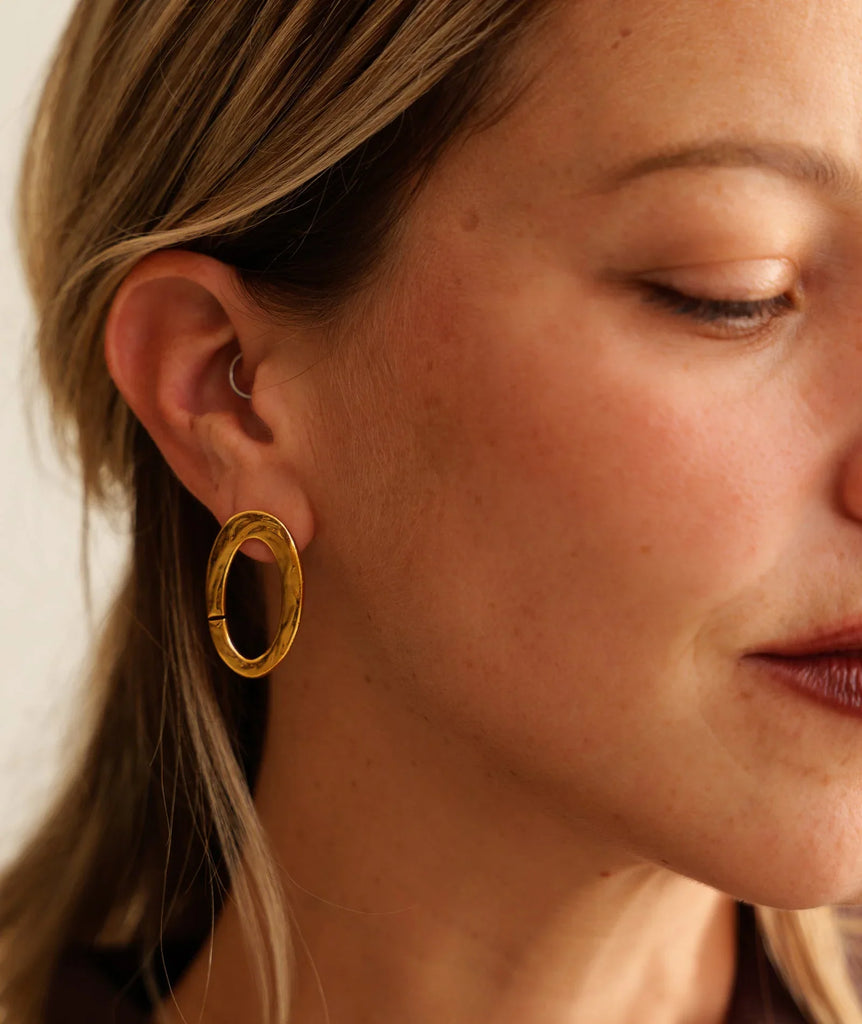 Kiah Earrings — Gold tone earrings on model, detail — MYFASHIONFRUIT