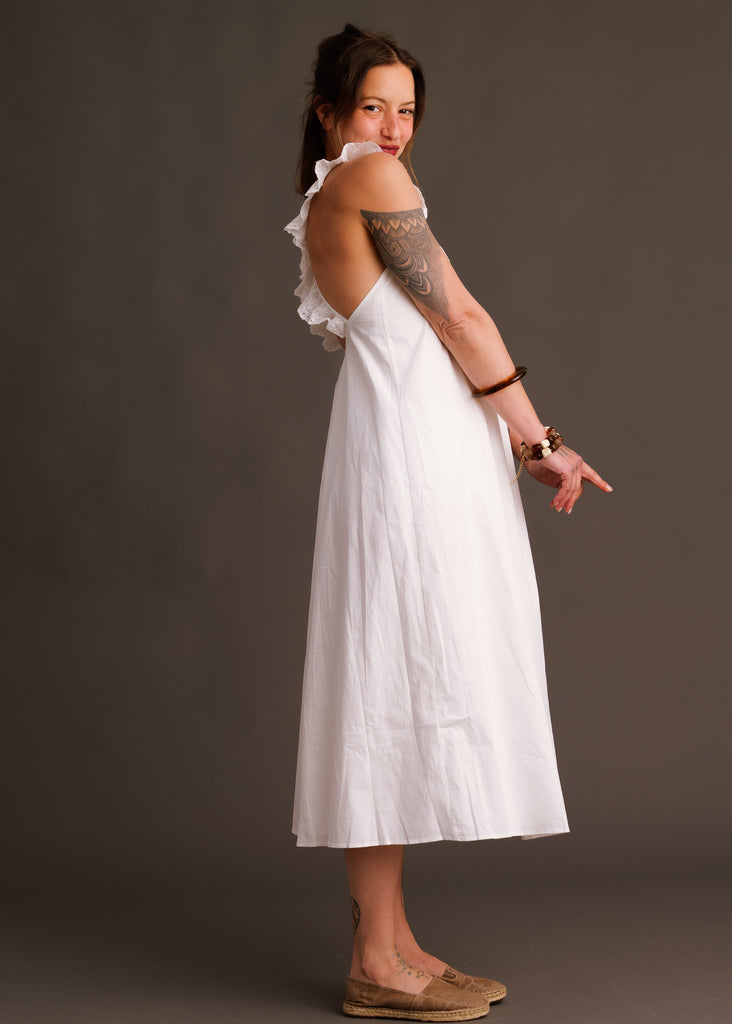 Zouzou Dress — white ruffled dress on model — MYFASHIONFRUIT