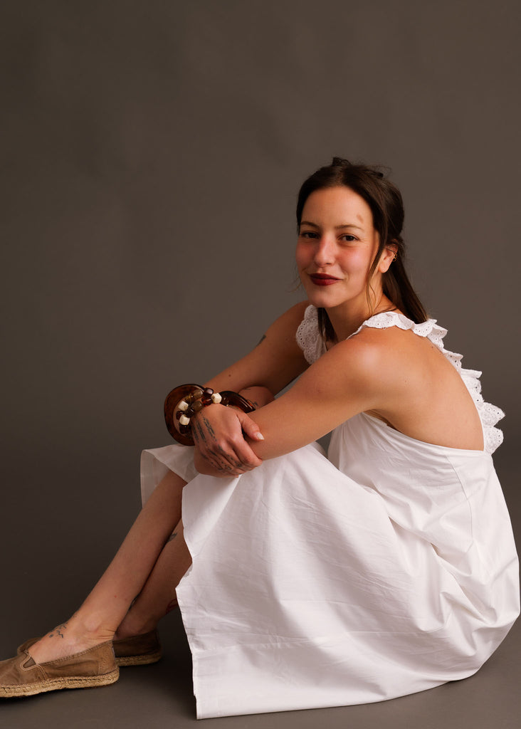Zouzou Dress — White dress with lace on model — MYFASHIONFRUIT
