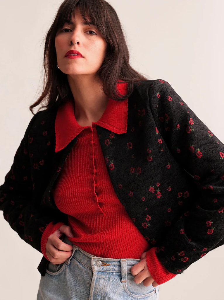 Narcissa Blazer — Black floral blazer on model — MYFASHIONFRUIT