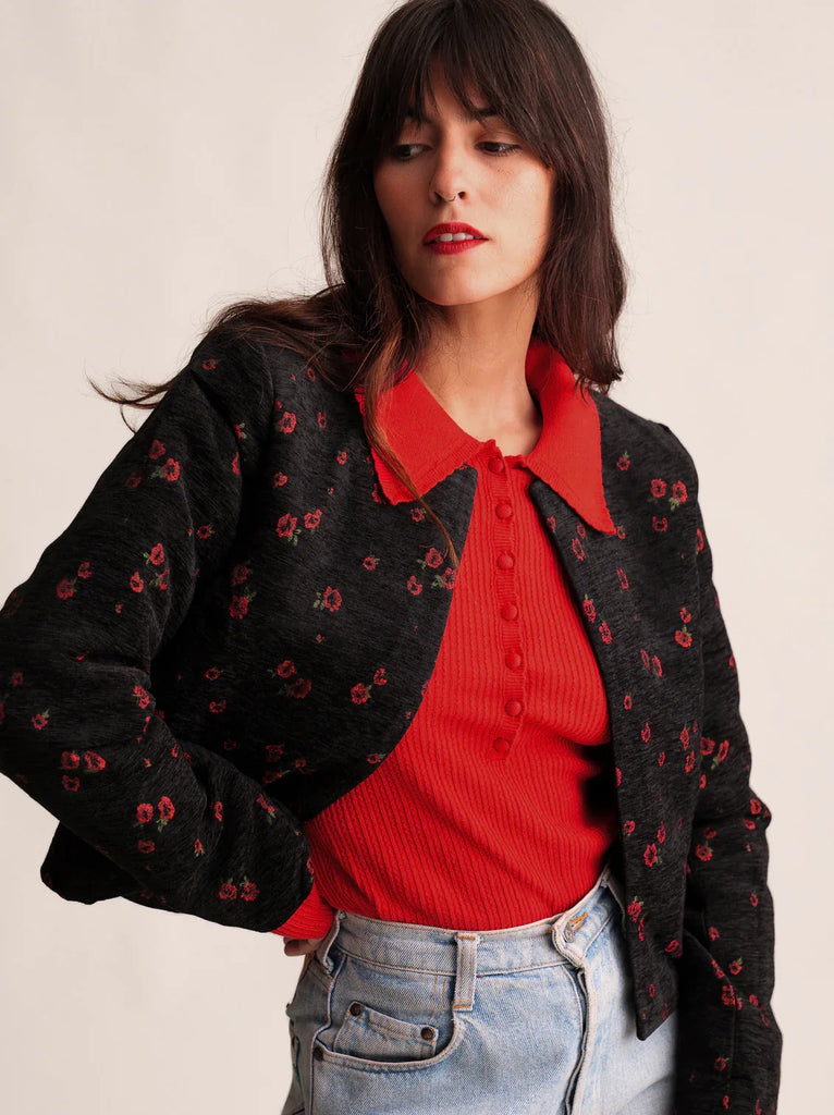 Narcissa Blazer — Floral black blazer on model — MYFASHIONFRUIT