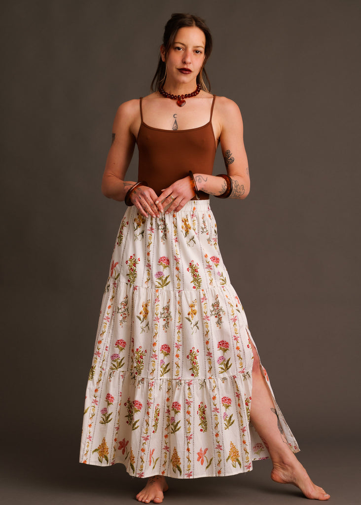 Castille Skirt — White floral maxi skirt on model — MYFASHIONFRUIT