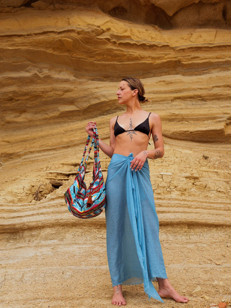 Kezia Bag — Colorful patterned bag on model with blue cover-up — MYFASHIONFRUIT