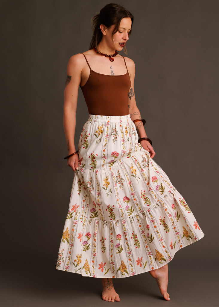 Castille Skirt — Floral tiered skirt on model — MYFASHIONFRUIT