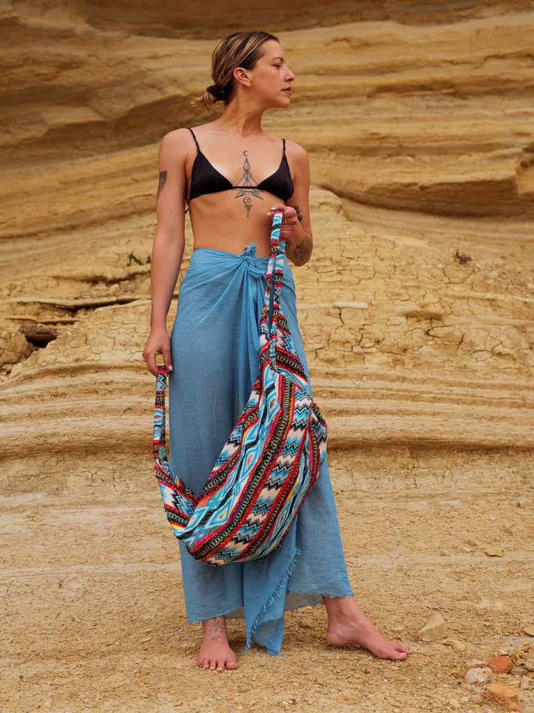 Kezia Bag — Patterned bag on model with blue wrap skirt — MYFASHIONFRUIT