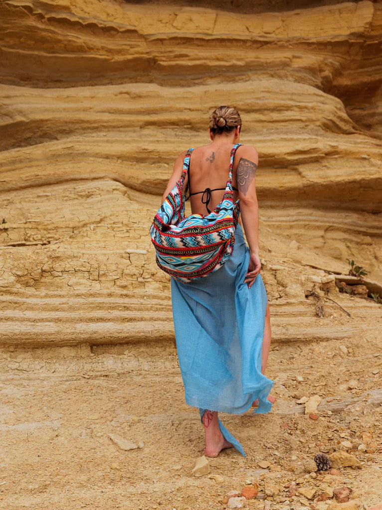Kezia Bag — Patterned bag on model with blue sarong — MYFASHIONFRUIT