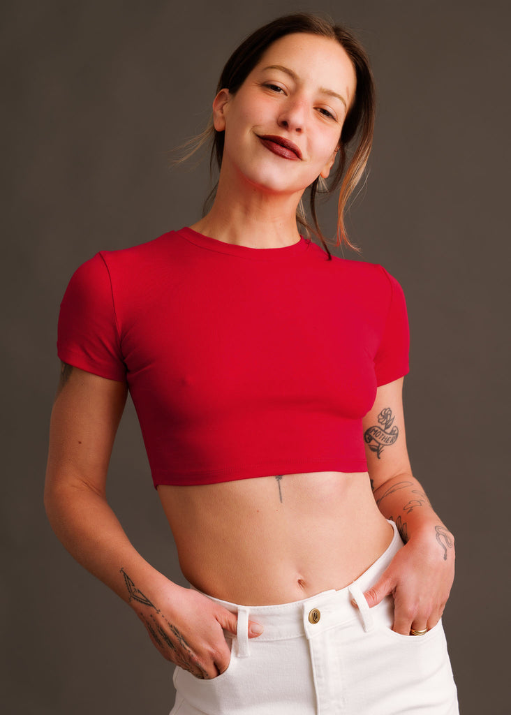 Pina T-Shirt — Red cropped fitted tee on model — MYFASHIONFRUIT