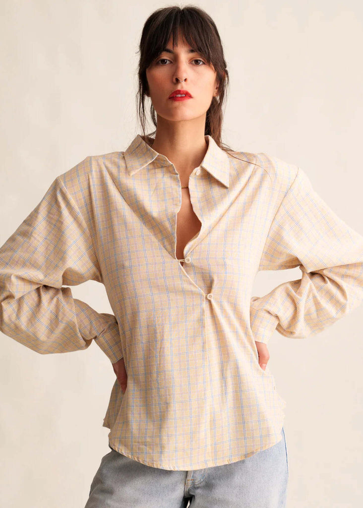 Chai Shirt — Beige plaid button-up on model — MYFASHIONFRUIT