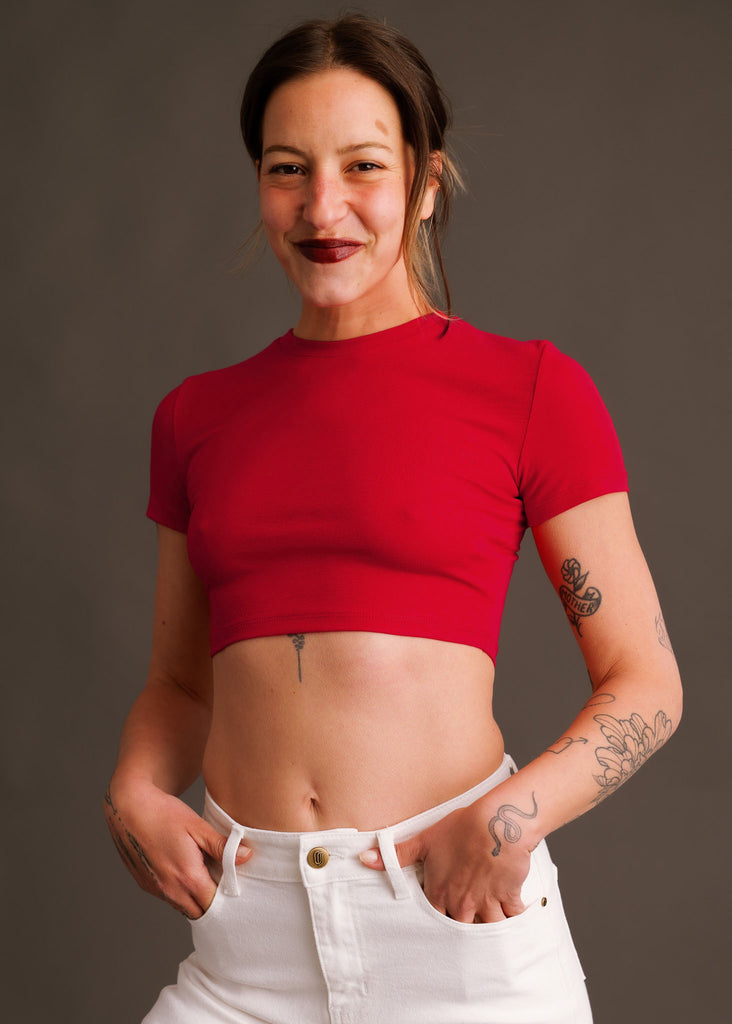 Pina T-Shirt — Red crop top on model with white jeans — MYFASHIONFRUIT