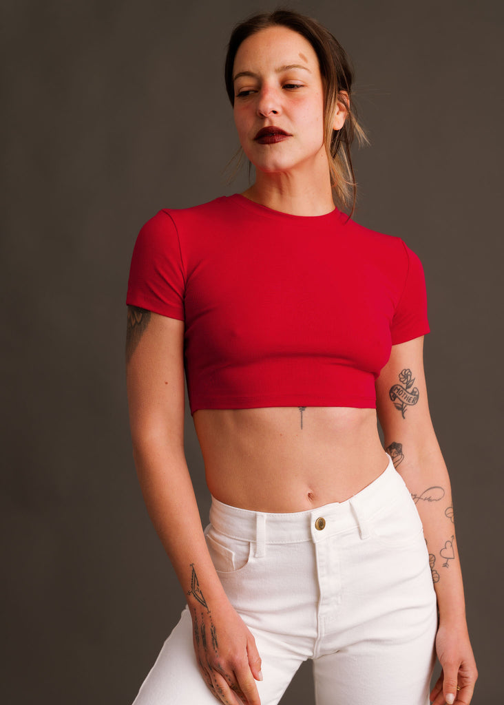 Pina T-Shirt — Red crop top on model with white denim jeans — MYFASHIONFRUIT
