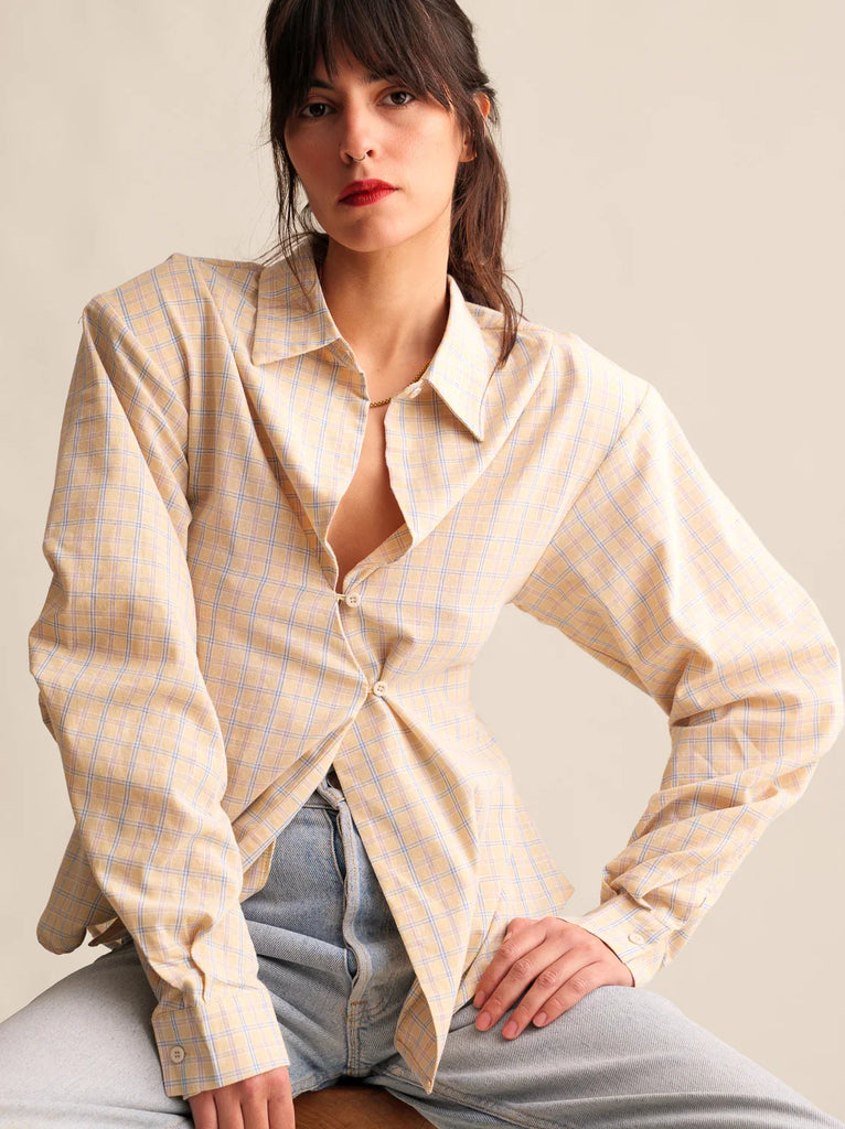 Chai Shirt — Plaid button-up on model — MYFASHIONFRUIT