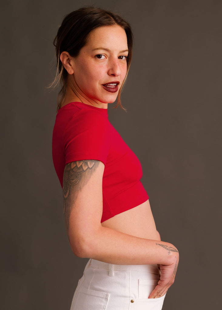 Pina T-Shirt — Red crop top on model — MYFASHIONFRUIT