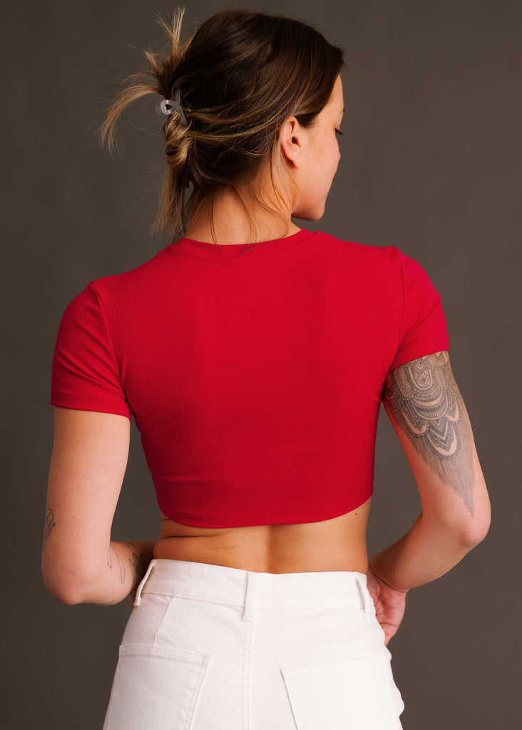 Pina T-Shirt — Red crop top on model, back view — MYFASHIONFRUIT
