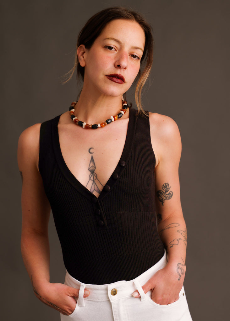 Noire Bodysuit — Black ribbed knit on model — MYFASHIONFRUIT