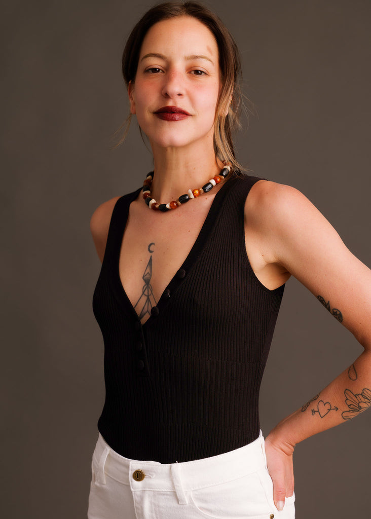 Noire Bodysuit — Black ribbed bodysuit on model — MYFASHIONFRUIT