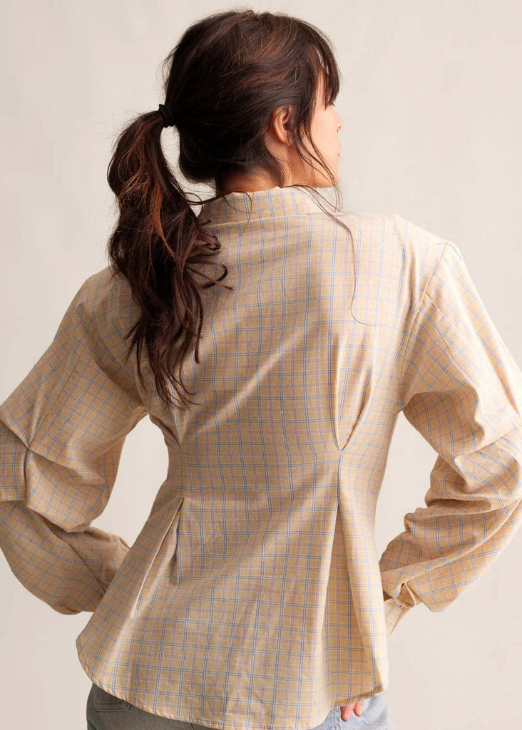 Chai Shirt — Plaid shirt with puff sleeves on model — MYFASHIONFRUIT