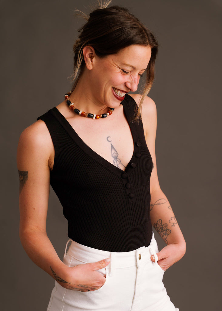 Noire Bodysuit — Black ribbed knit on model — MYFASHIONFRUIT