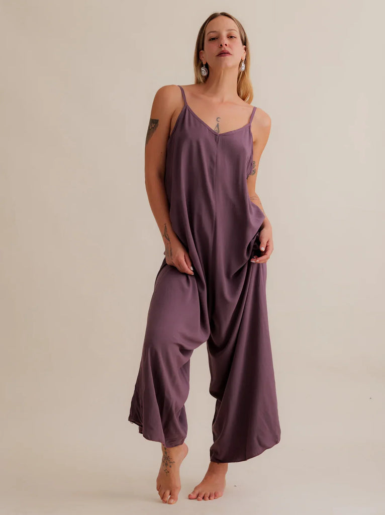 Catalina Mauve Jumpsuit — Mauve jumpsuit on model with spaghetti straps — MYFASHIONFRUIT