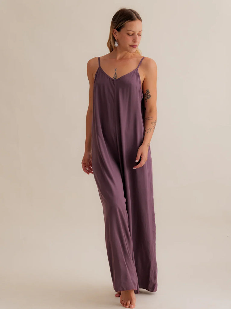 Catalina Mauve Jumpsuit — Mauve jumpsuit with spaghetti straps on model — MYFASHIONFRUIT