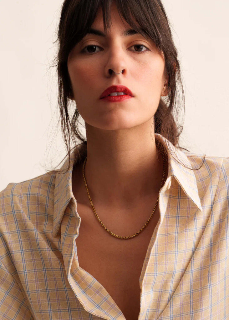 Chai Shirt — Plaid shirt on model, gold necklace — MYFASHIONFRUIT