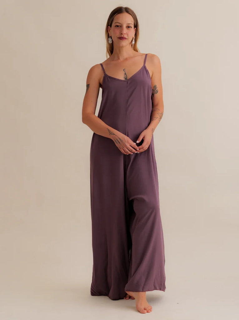Catalina Mauve Jumpsuit — Dark purple jumpsuit on model — MYFASHIONFRUIT