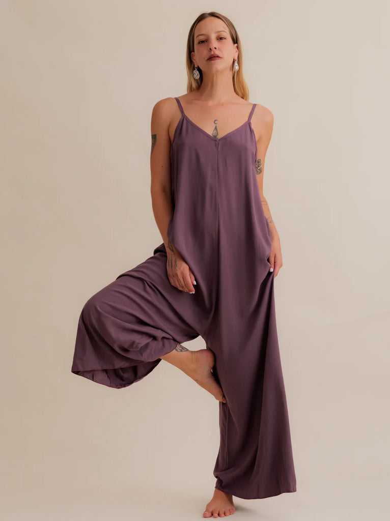 Catalina Mauve Jumpsuit — Mauve wide leg jumpsuit on model — MYFASHIONFRUIT