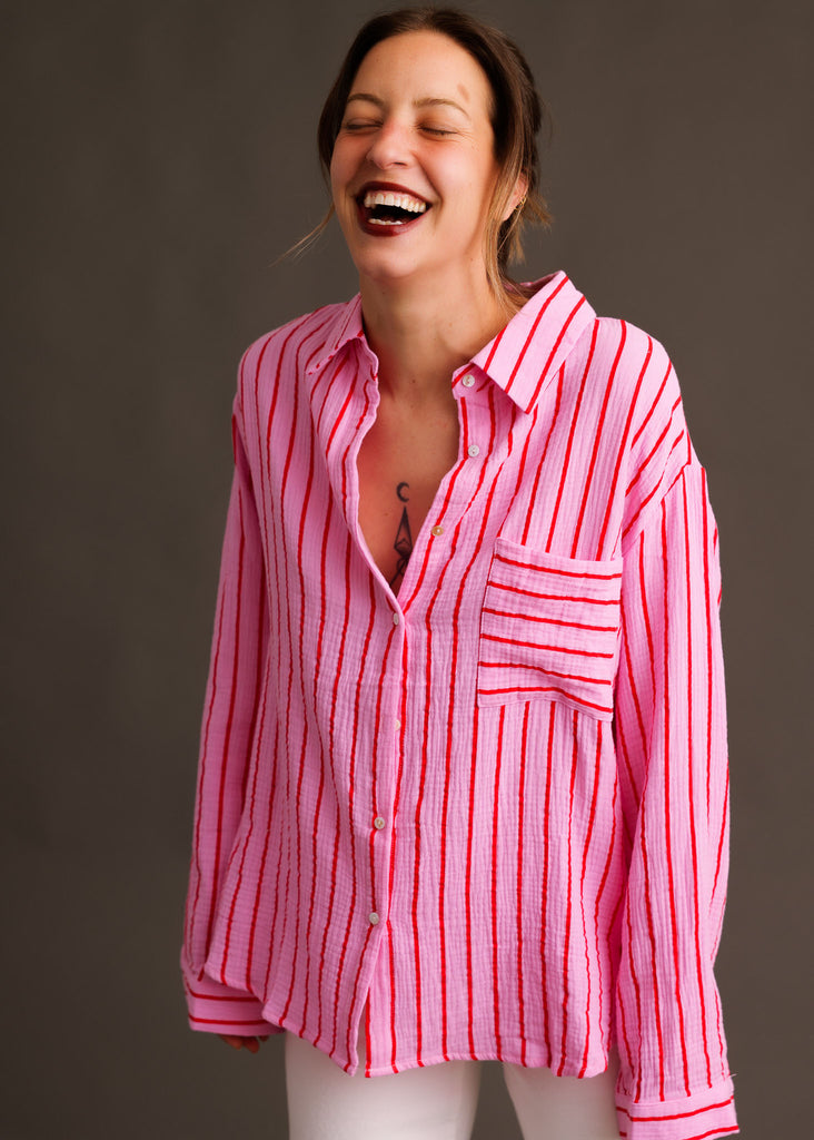 Rosée Shirt — Pink striped shirt on model — MYFASHIONFRUIT