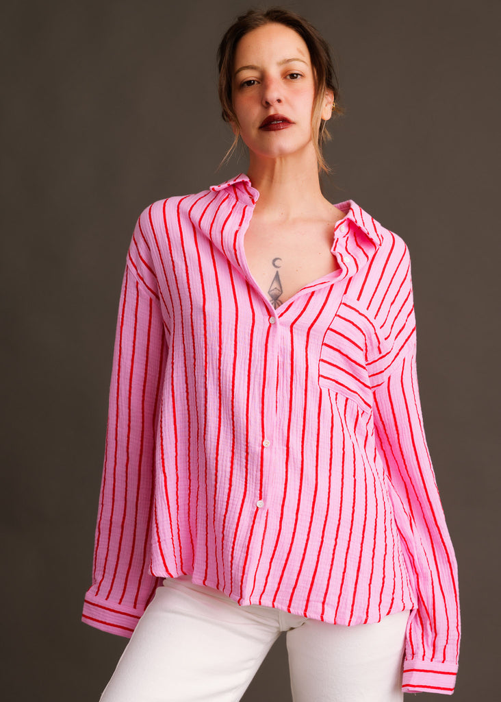 Rosée Shirt — Pink and red striped on model — MYFASHIONFRUIT