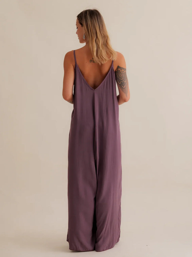Catalina Mauve Jumpsuit — Mauve jumpsuit with low back on model — MYFASHIONFRUIT