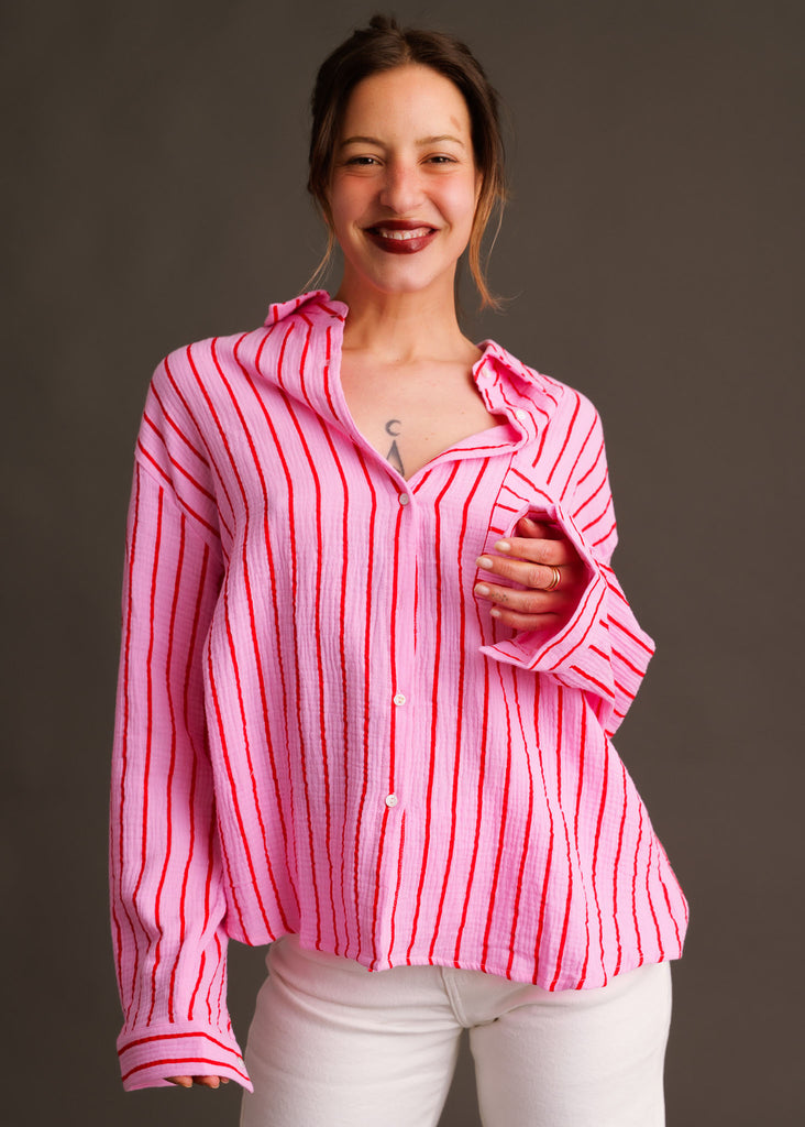 Rosée Shirt — Pink & red striped shirt on model — MYFASHIONFRUIT