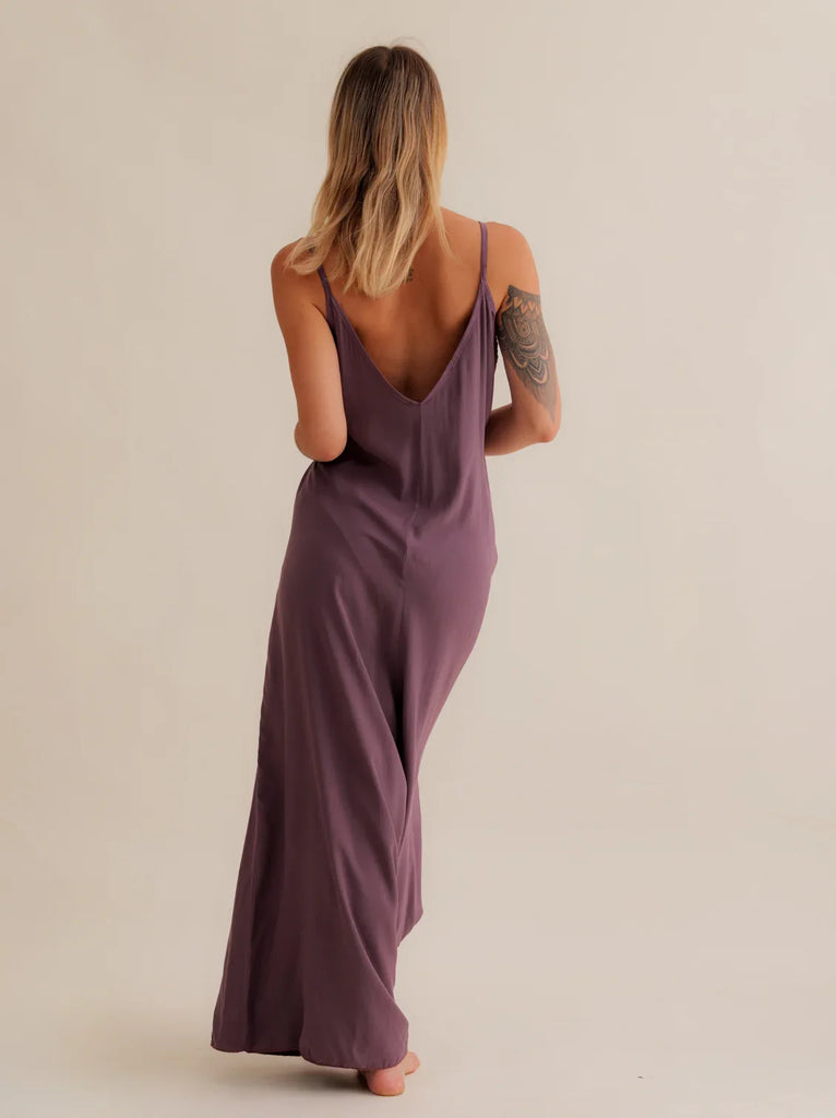 Catalina Mauve Jumpsuit — Mauve maxi dress, V-neck, on model — MYFASHIONFRUIT