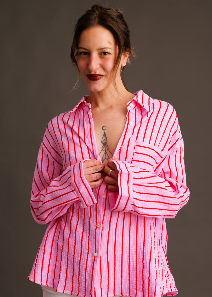 Rosée Shirt — Pink red striped cotton gauze shirt on model — MYFASHIONFRUIT