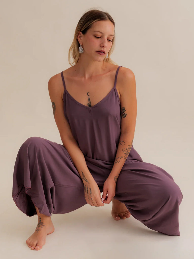 Catalina Mauve Jumpsuit — Mauve jumpsuit on model with spaghetti straps — MYFASHIONFRUIT