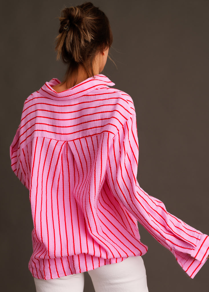 Rosée Shirt — Pink and red striped shirt on model — MYFASHIONFRUIT