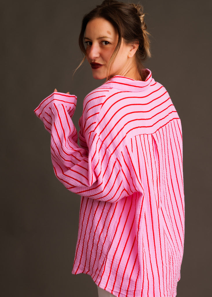 Rosée Shirt — Pink & red striped shirt on model — MYFASHIONFRUIT