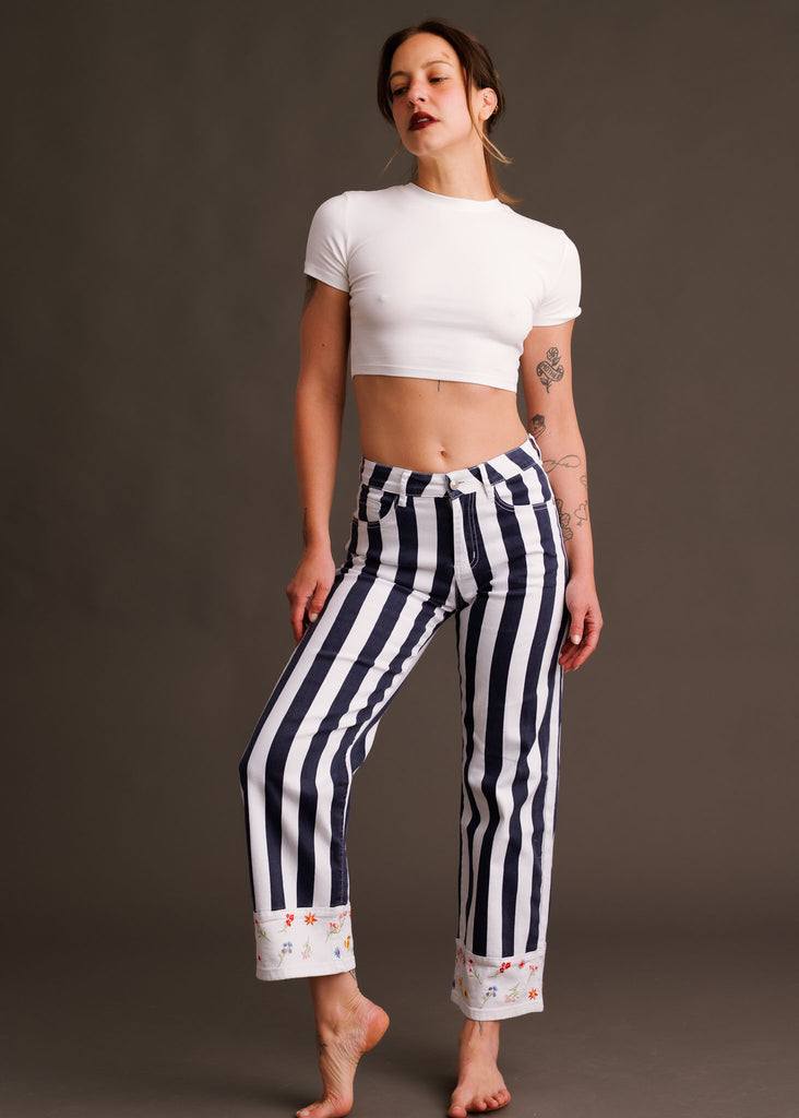 Mistral Pants — Blue striped denim on model — MYFASHIONFRUIT