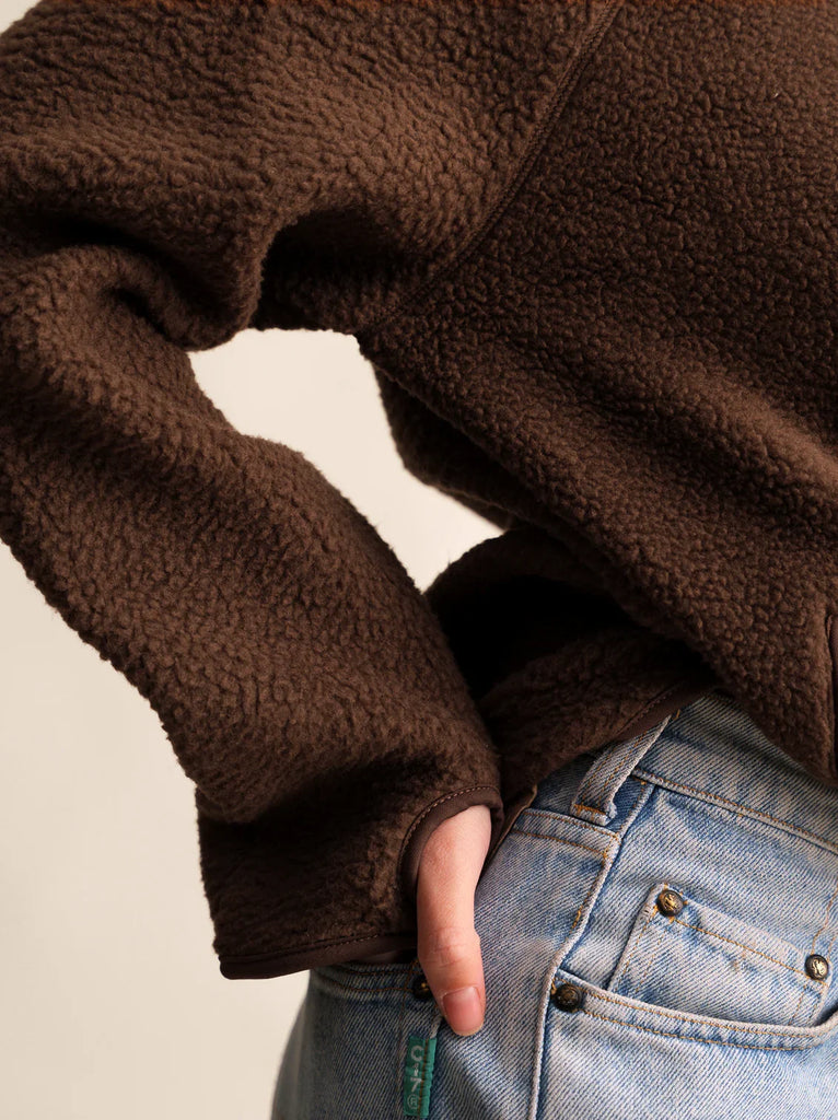 Sugar Pie Fleece — brown fleece detail on model — MYFASHIONFRUIT