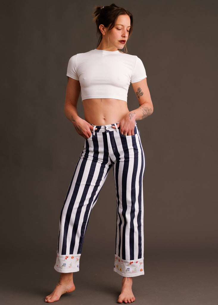 Mistral Pants — Striped pants with floral cuff on model — MYFASHIONFRUIT