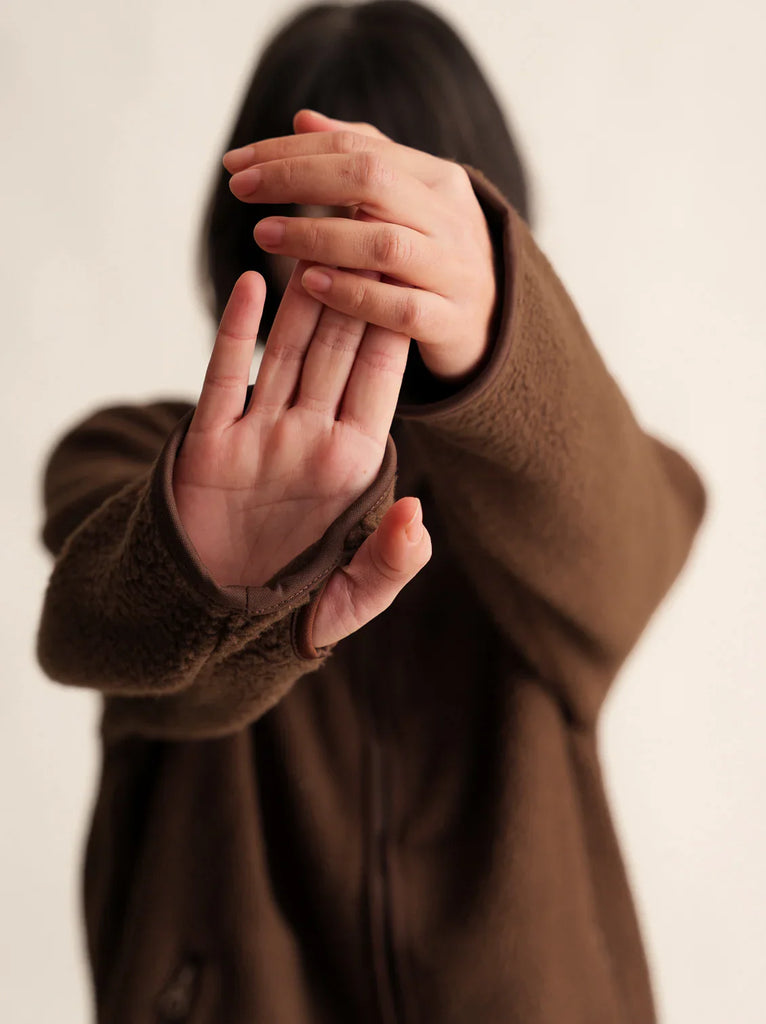 Sugar Pie Fleece — on model, brown fleece, detail — MYFASHIONFRUIT