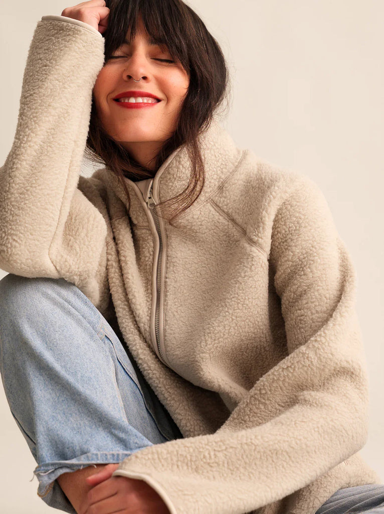 Sugar Pie Fleece — Beige fleece jacket on model — MYFASHIONFRUIT