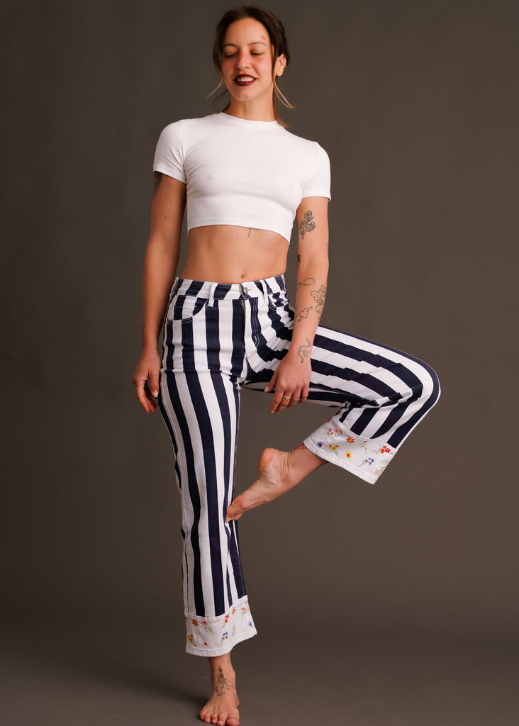 Mistral Pants — on model, blue & white striped w floral hem — MYFASHIONFRUIT