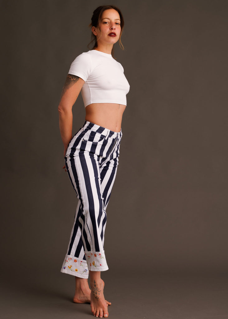 Mistral Pants — Navy stripe pants on model — MYFASHIONFRUIT